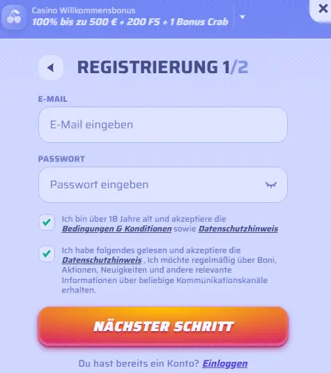 Registrierungsformular – Spielerkonto mit E-Mail-Adresse und Passwort erstellen